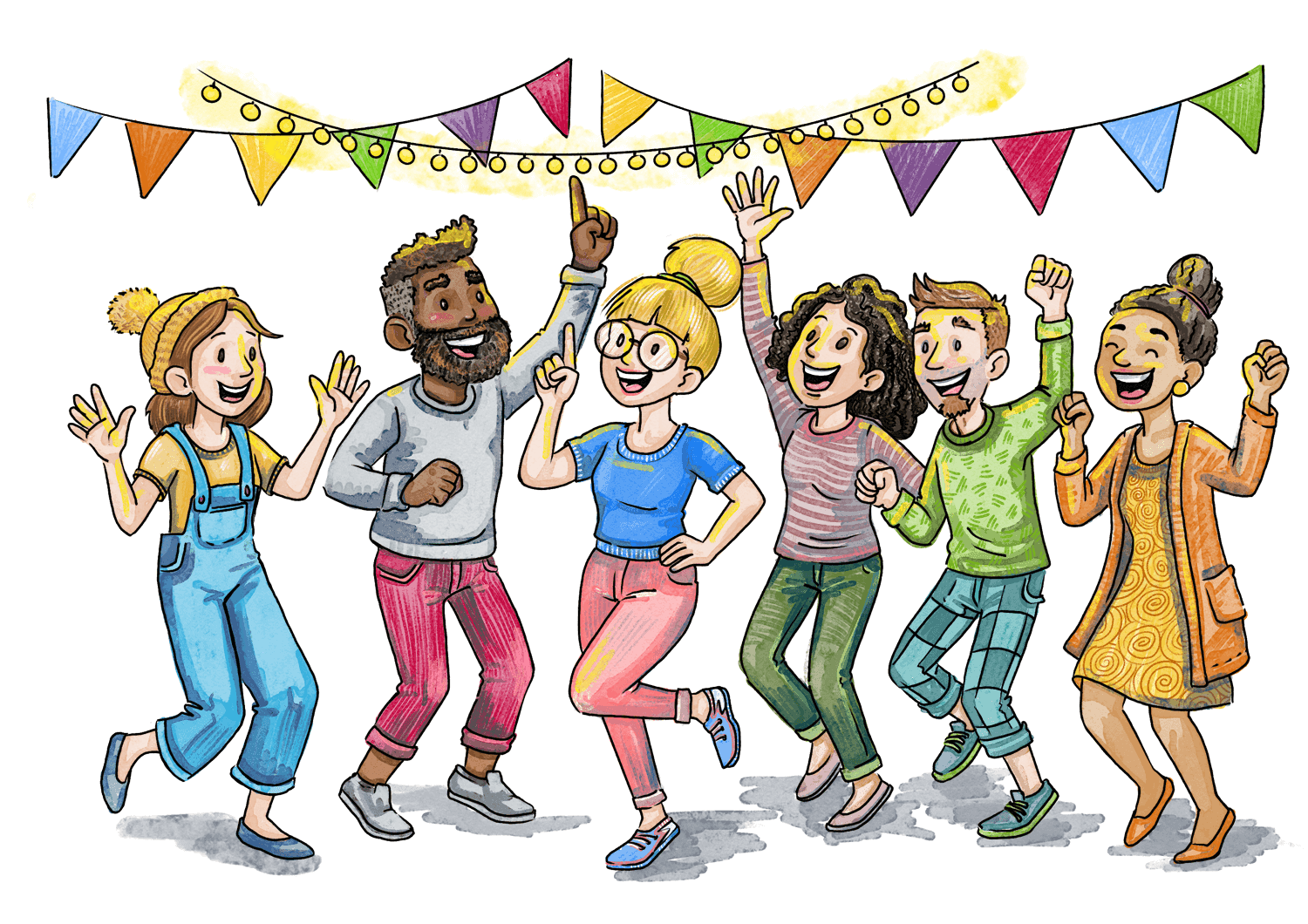 Eine bunt gemischte Gruppe Eltern feiert ein fröhliches Fest in der Villa Kunterbunt.