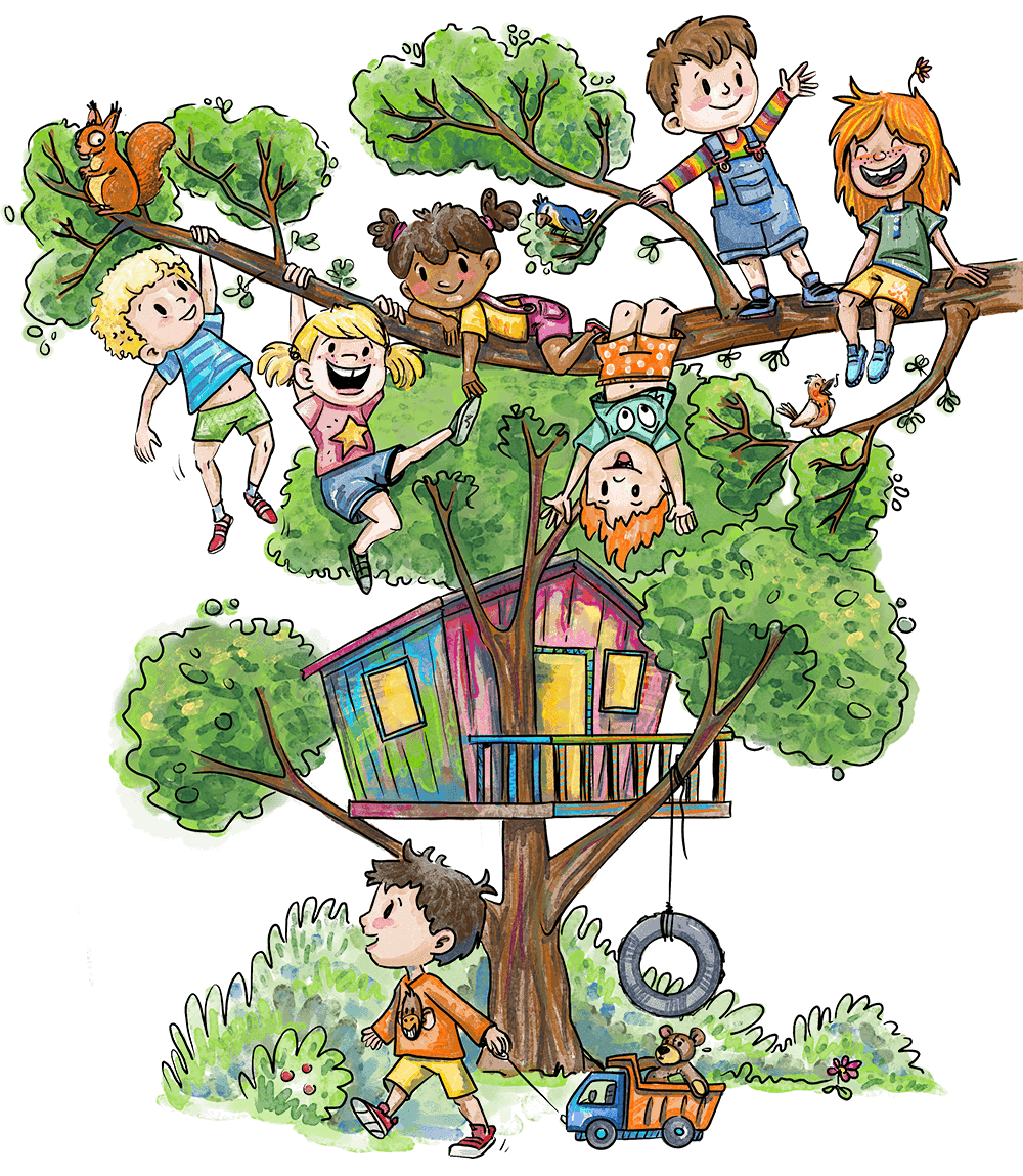 Viele Kinder klettern auf einem Baum mit kunterbuntem Baumhaus